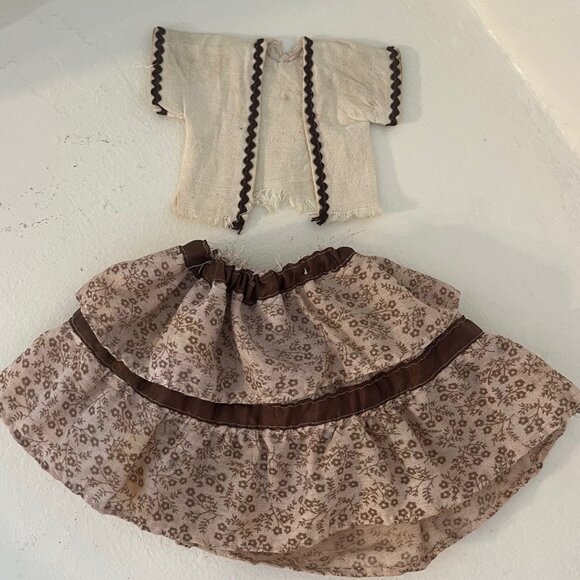 Vintage Doll Outfit Skirt & Jacket Vest & Farmer Hat w/ Flowers Beige & Brown - Picture 7 of 11